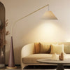 Modern Curved Arc Floor Lamp with Wood Base and Fabric Shade