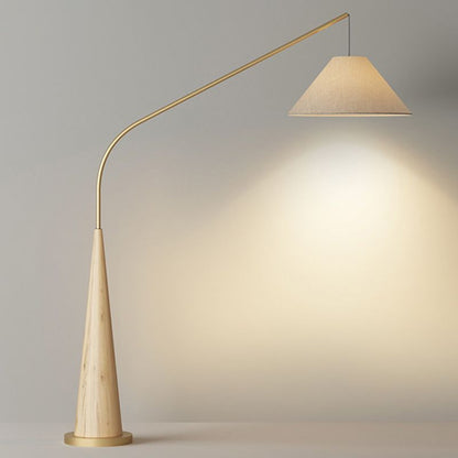 Modern Curved Arc Floor Lamp with Wood Base and Fabric Shade