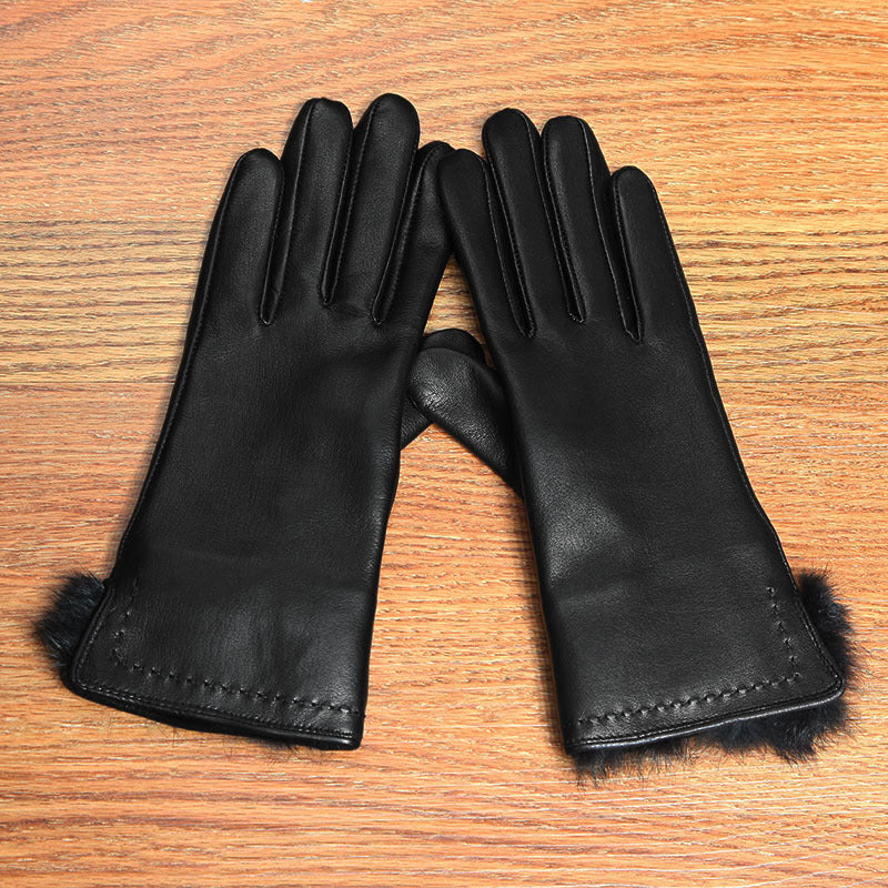 Women’s Leather Gloves in Black with Fur-Trimmed Cuffs