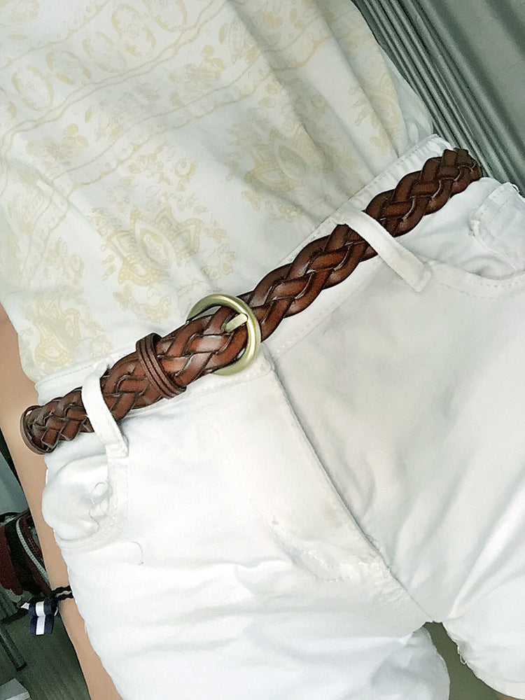 Slim Brown Braided Leather Waist Belt with Gold Buckle