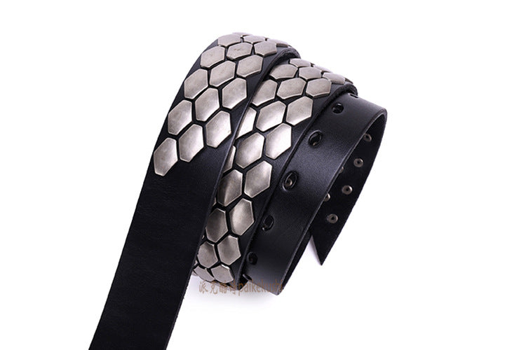 Hex Stud Punk Men Leather Belt