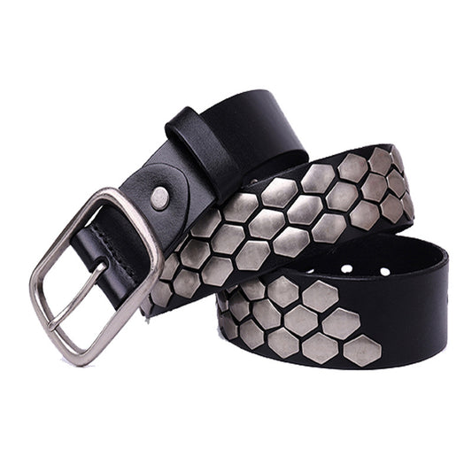 Hex Stud Punk Men Leather Belt