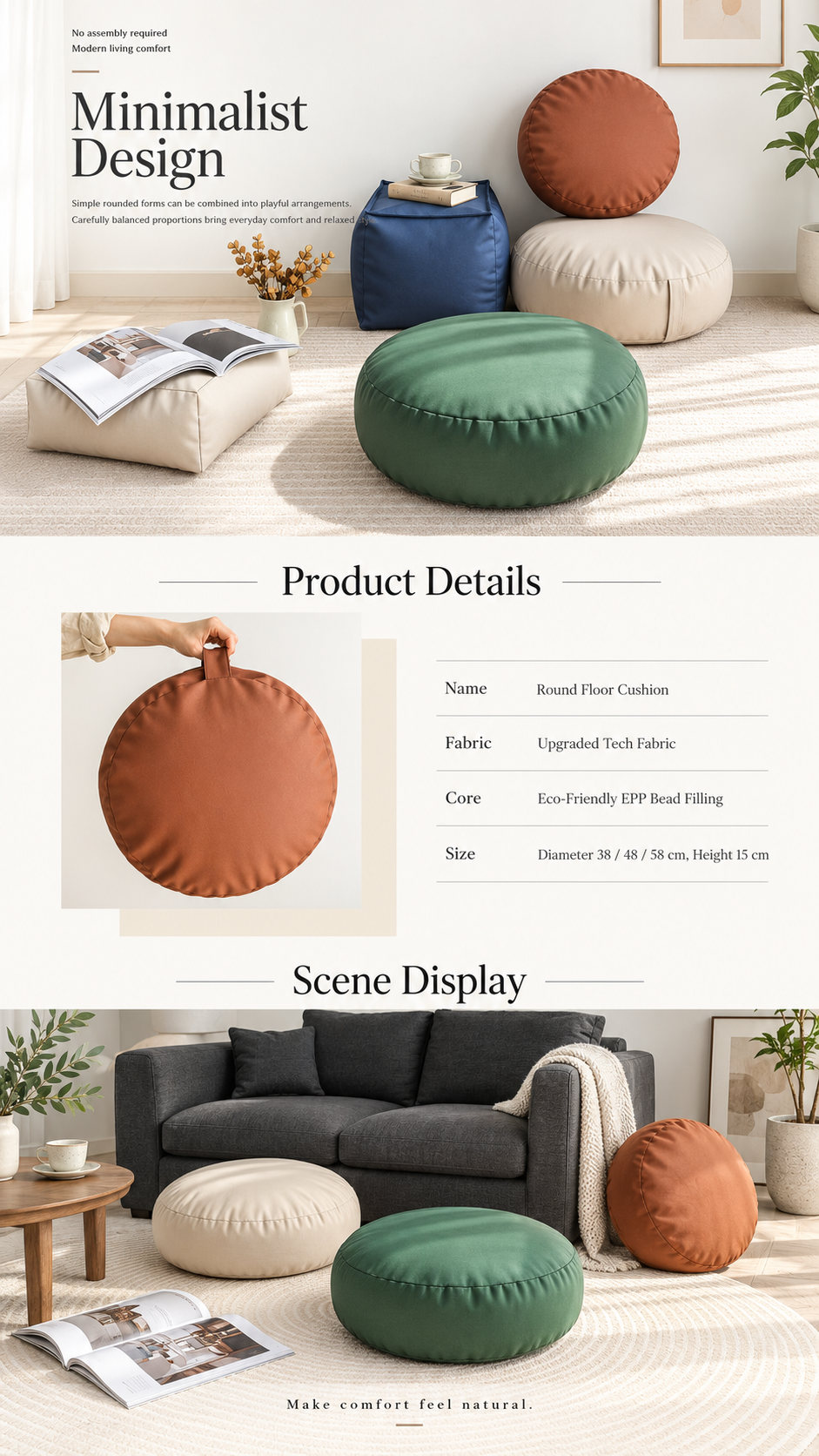 Faux Leather Pouf Ottoman Cover with Carry Handle