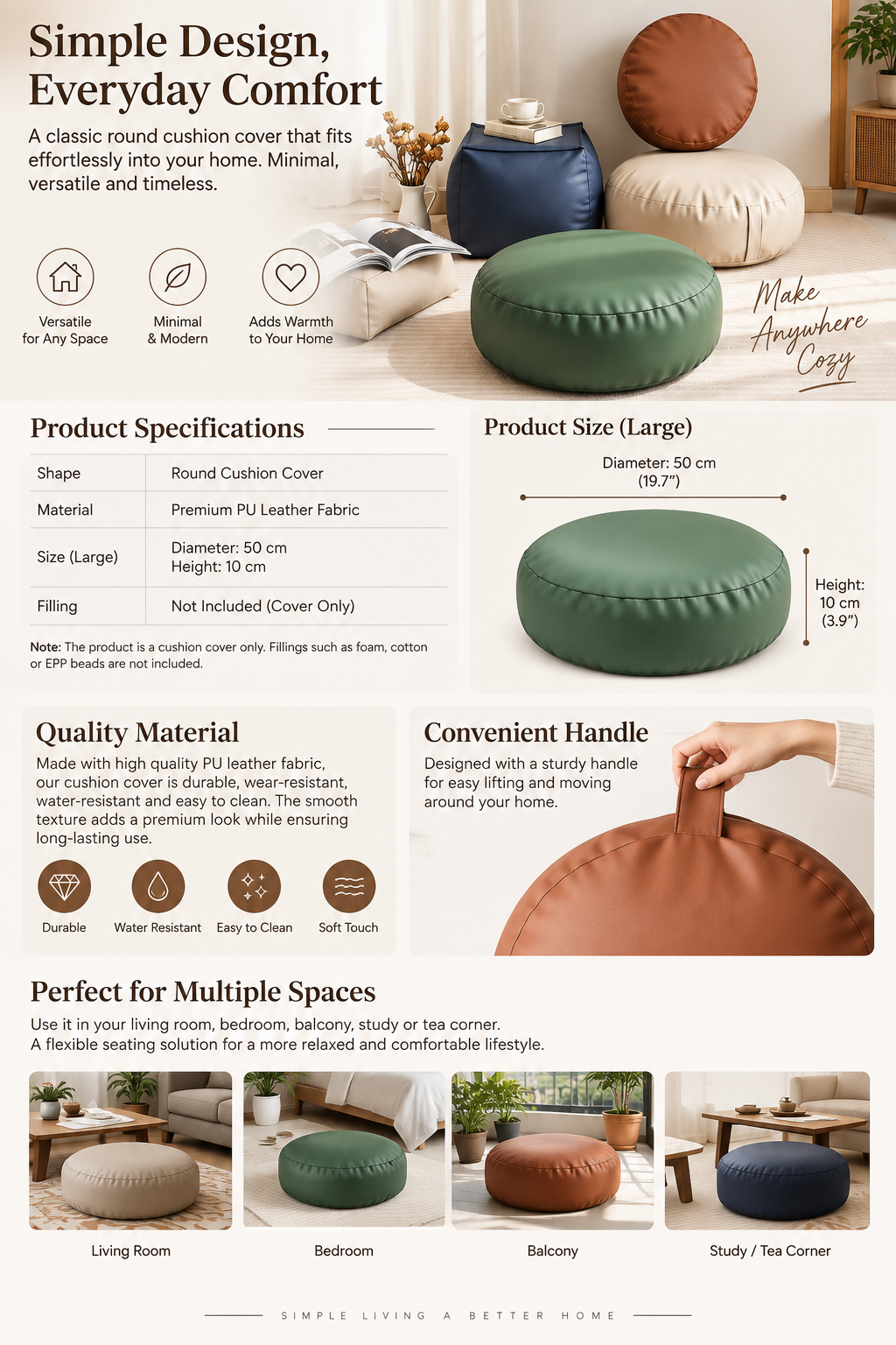 Faux Leather Pouf Ottoman Cover with Carry Handle