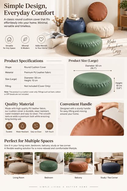 Faux Leather Pouf Ottoman Cover with Carry Handle