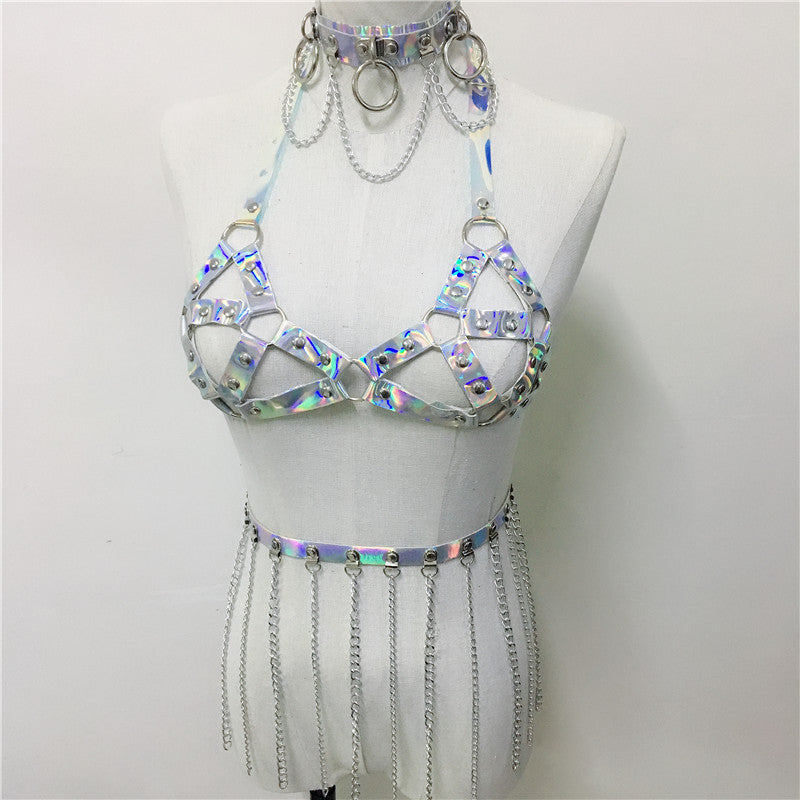 women holographic harness set belt chain skirt festival outfit set