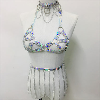 women holographic harness set belt chain skirt festival outfit set