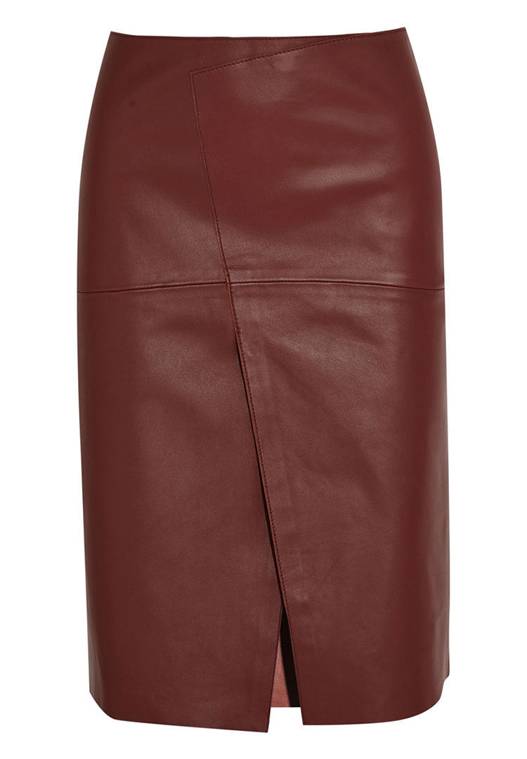 Genuine Leather Front Slit High Waist Knee Length Skirt