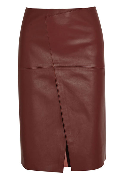 Genuine Leather Front Slit High Waist Knee Length Skirt
