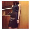 Genuine Leather Front Slit High Waist Knee Length Skirt