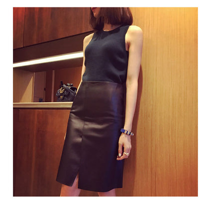 Genuine Leather Front Slit High Waist Knee Length Skirt