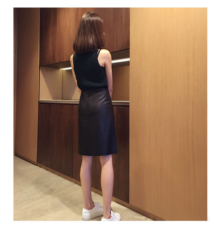 Genuine Leather Front Slit High Waist Knee Length Skirt