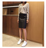 Genuine Leather Front Slit High Waist Knee Length Skirt