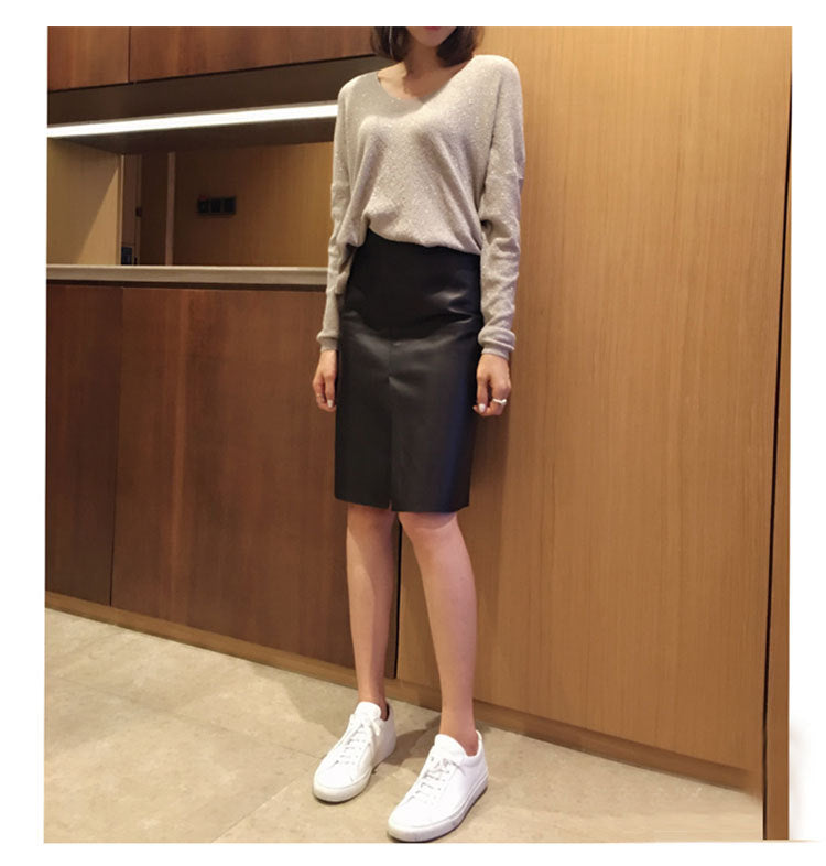 Genuine Leather Front Slit High Waist Knee Length Skirt