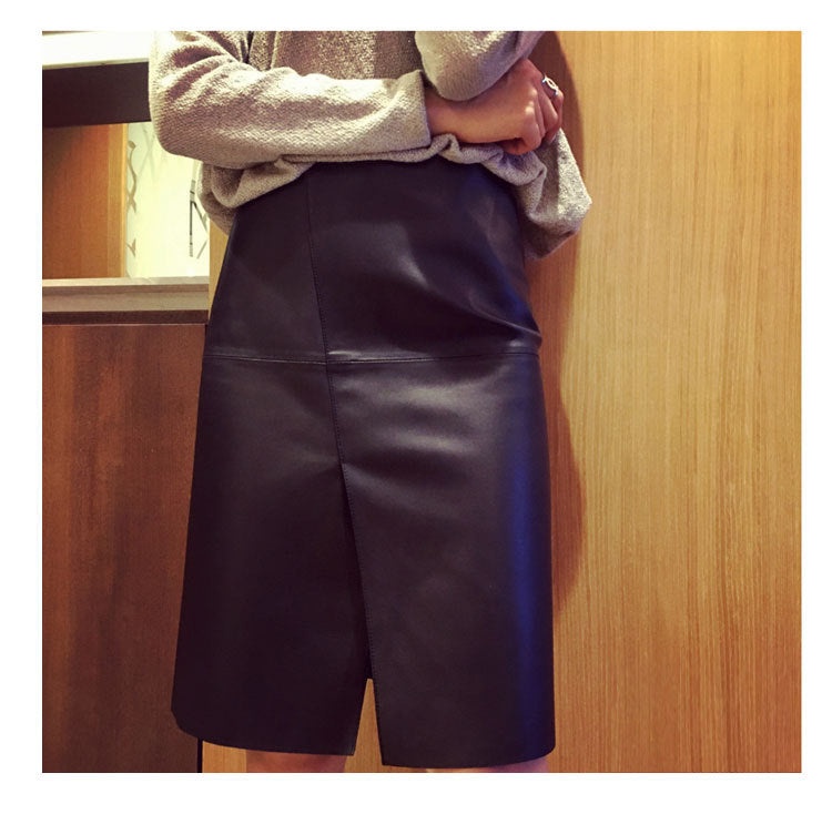 Genuine Leather Front Slit High Waist Knee Length Skirt