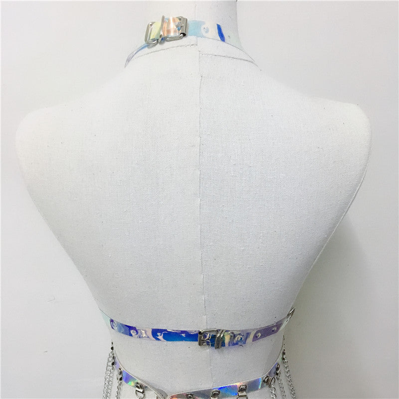 women holographic harness set belt chain skirt festival outfit set