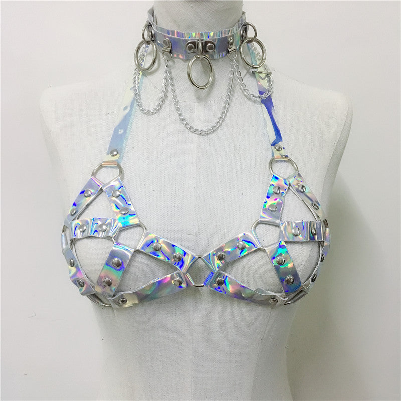 women holographic harness set belt chain skirt festival outfit set
