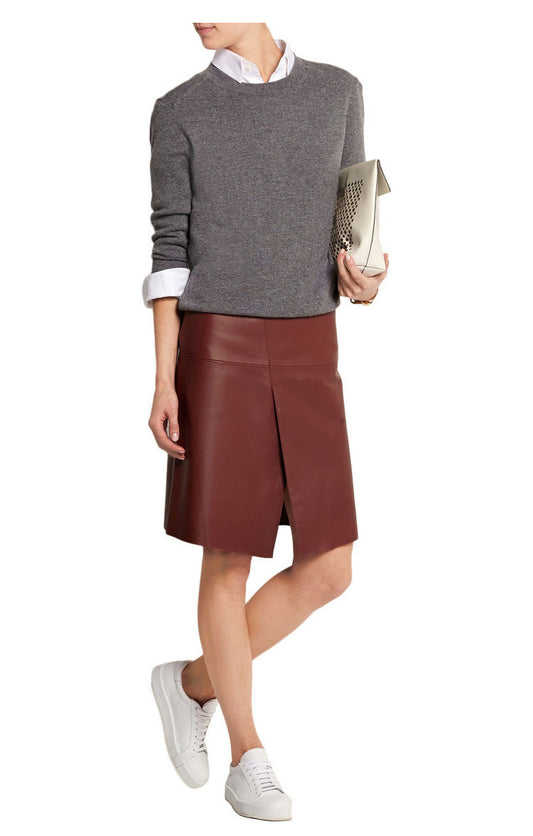 Genuine Leather Front Slit High Waist Knee Length Skirt