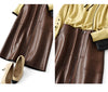 Brown Leather Midi Skirt High Waisted A-Line with Front Zipper