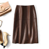 Brown Leather Midi Skirt High Waisted A-Line with Front Zipper