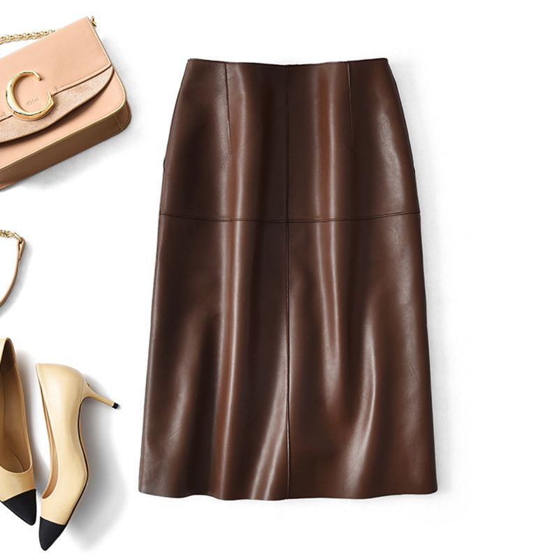 Brown Leather Midi Skirt High Waisted A-Line with Front Zipper