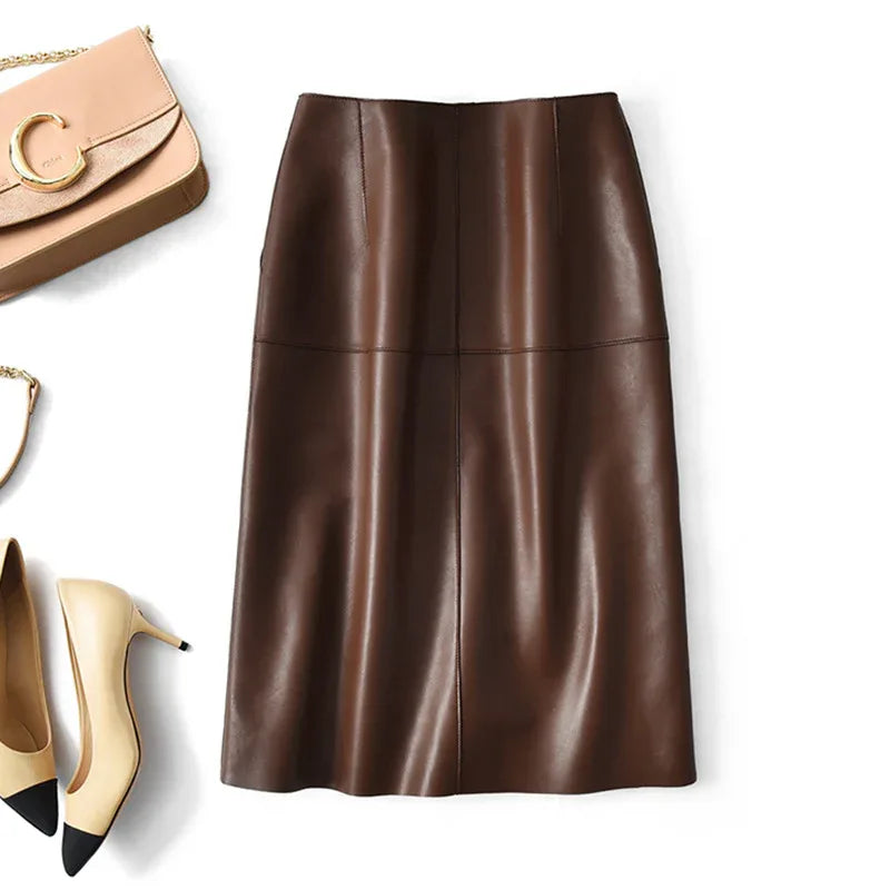 High waisted brown lambskin midi skirt