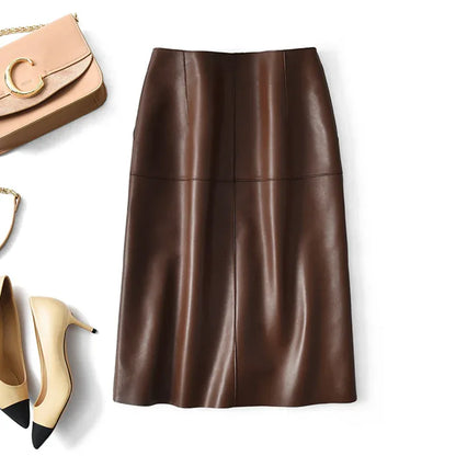 High waisted brown lambskin midi skirt