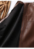 Brown Leather Midi Skirt High Waisted A-Line with Front Zipper