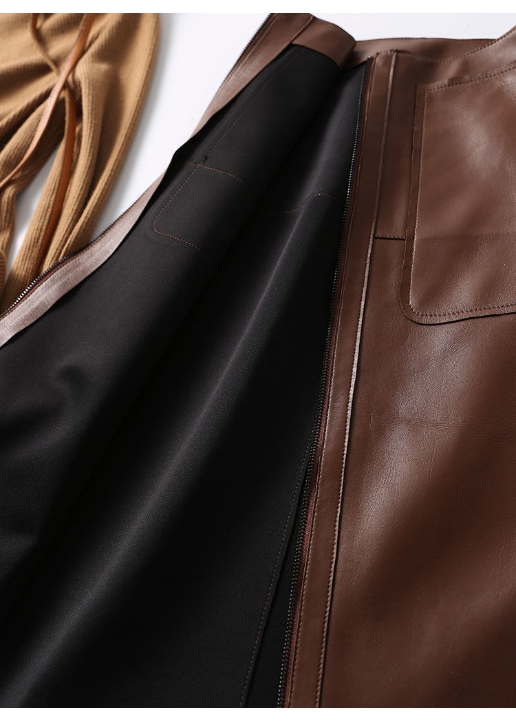 Brown Leather Midi Skirt High Waisted A-Line with Front Zipper