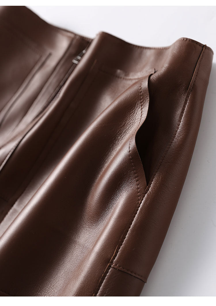 Brown Leather Midi Skirt High Waisted A-Line with Front Zipper