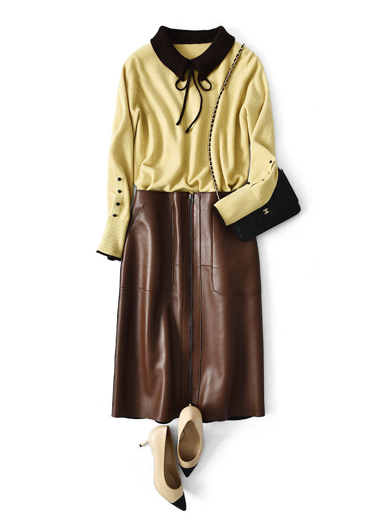 Brown Leather Midi Skirt High Waisted A-Line with Front Zipper