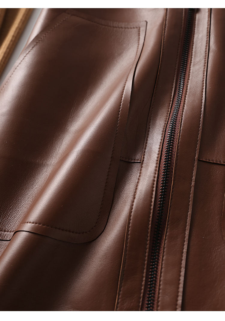 Brown Leather Midi Skirt High Waisted A-Line with Front Zipper