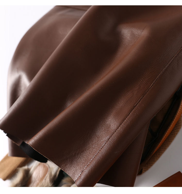 Brown Leather Midi Skirt High Waisted A-Line with Front Zipper