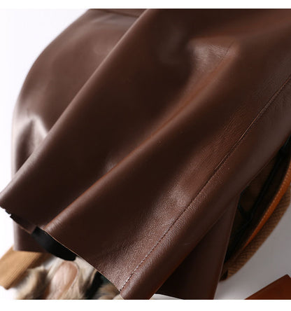 Brown Leather Midi Skirt High Waisted A-Line with Front Zipper