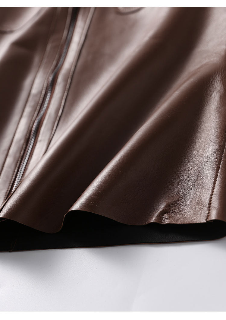Brown Leather Midi Skirt High Waisted A-Line with Front Zipper