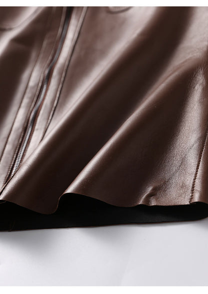 Brown Leather Midi Skirt High Waisted A-Line with Front Zipper