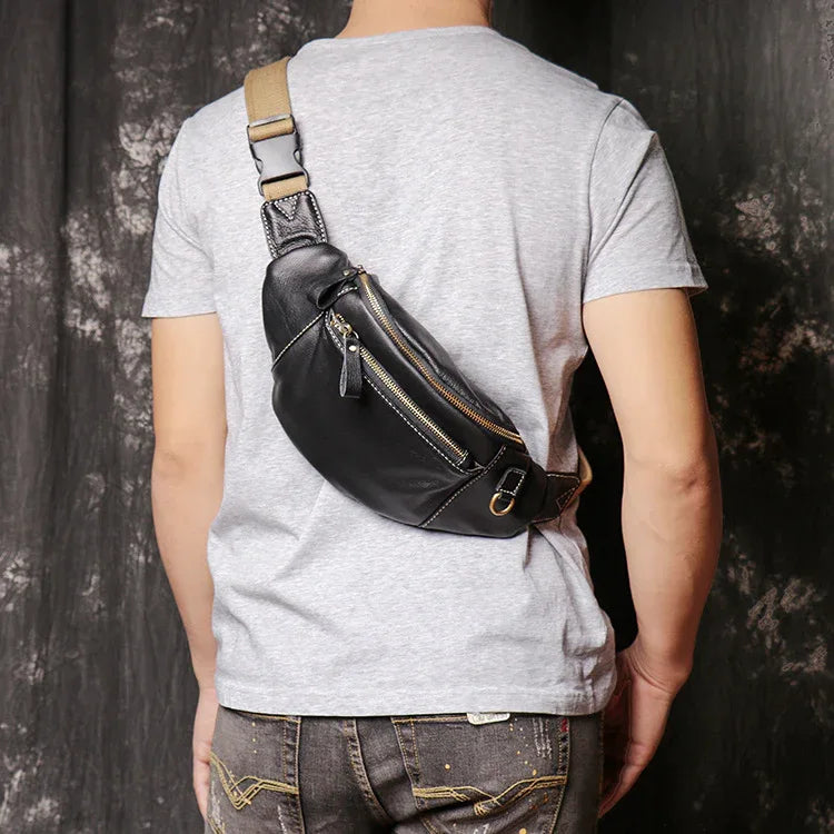 Men genuine leather chest crossbody sling bag