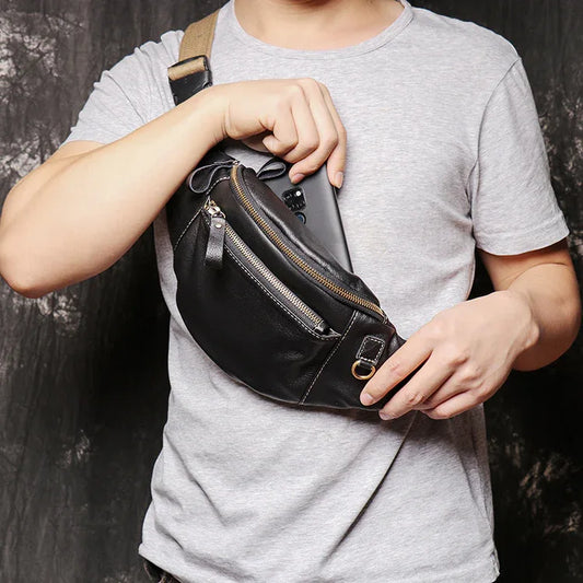 Men genuine leather chest crossbody sling bag