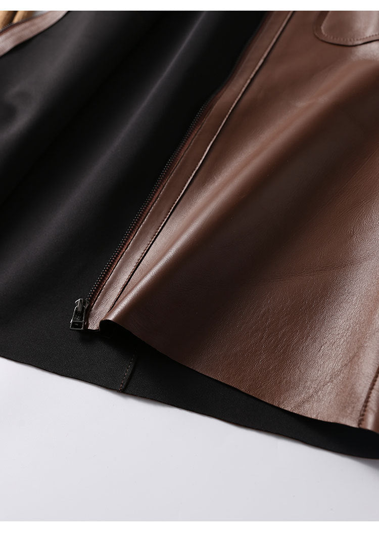 Brown Leather Midi Skirt High Waisted A-Line with Front Zipper