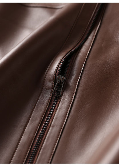 Brown Leather Midi Skirt High Waisted A-Line with Front Zipper