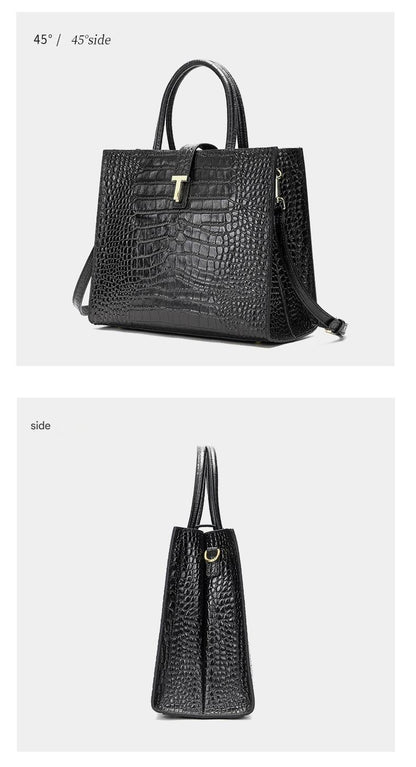 Black Crocodile Print Leather Shoulder Bag Crossbody