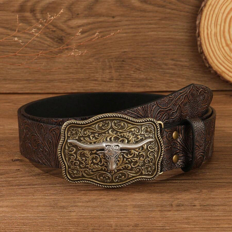 Men’s Western Longhorn Cowboy Leather Belt