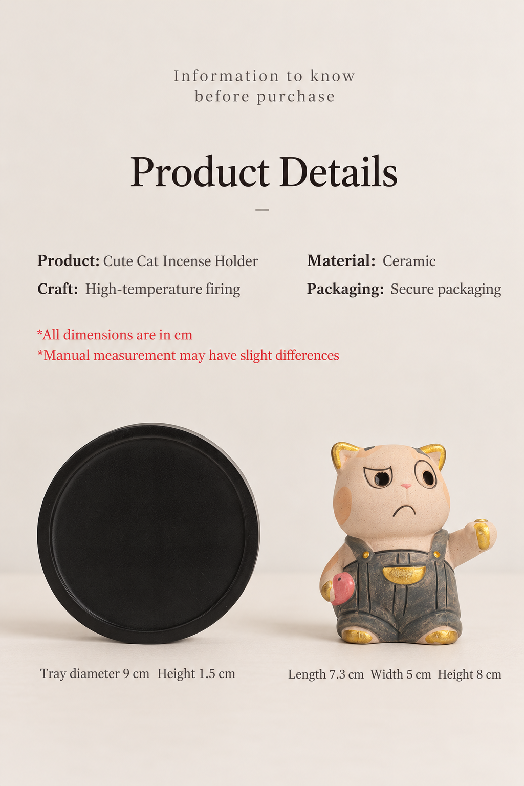 Stick Incense Holder Cute Cat Figurine with Optional Round Tray