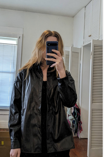 Drop Shoulder Black Leather Shirt Coat