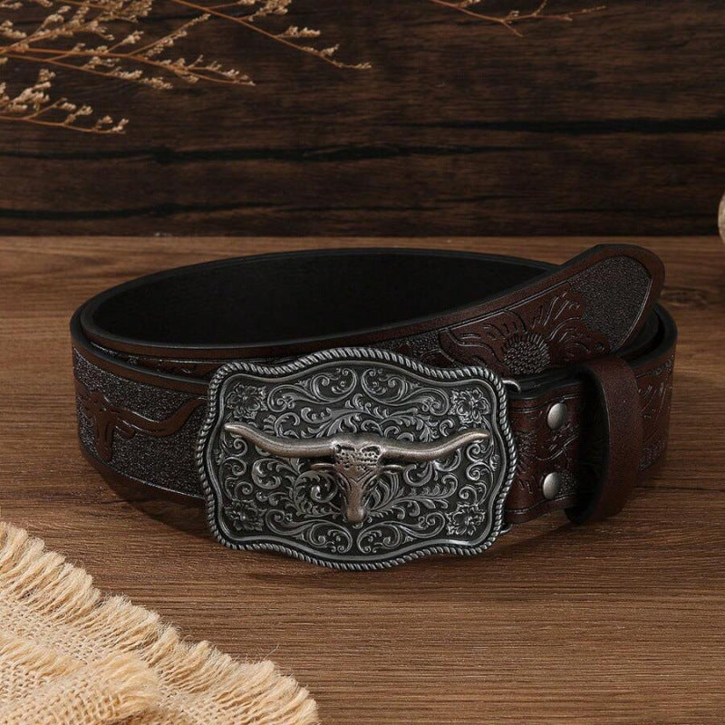 Men’s Western Longhorn Cowboy Leather Belt