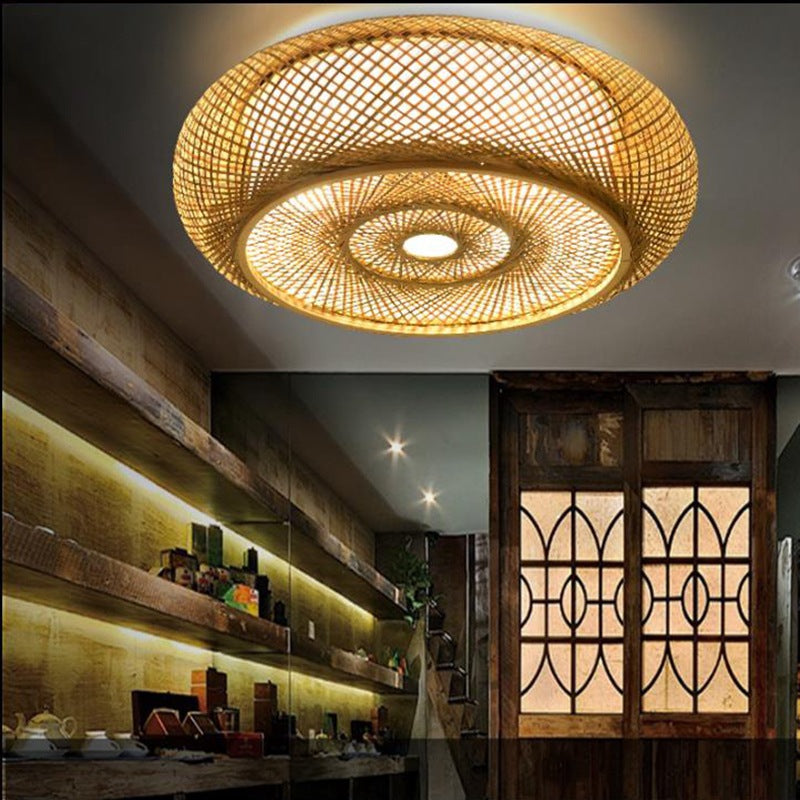 Bamboo woven flush mount ceiling light