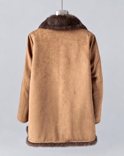 Women’s Suede Jacket Brown Fur Collar Mid-Length Winter Coat