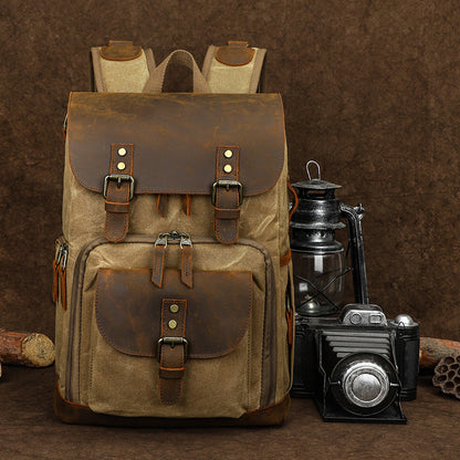 Vintage Canvas Leather Camera Backpack with Dual Buckles and Dividers