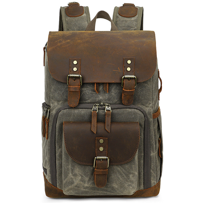 Vintage Canvas Leather Camera Backpack with Dual Buckles and Dividers
