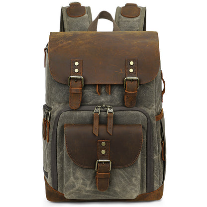Vintage Canvas Leather Camera Backpack with Dual Buckles and Dividers
